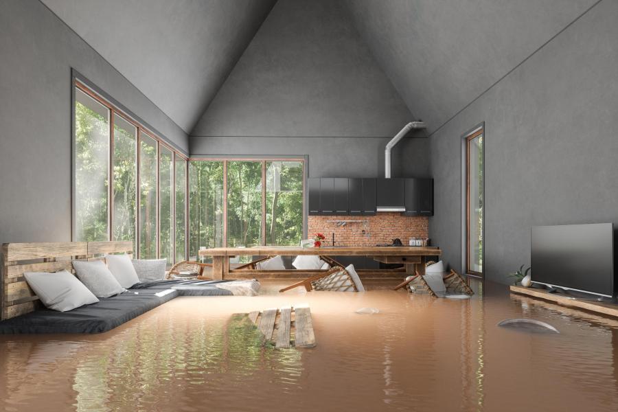 Flooded living room from broken pipe